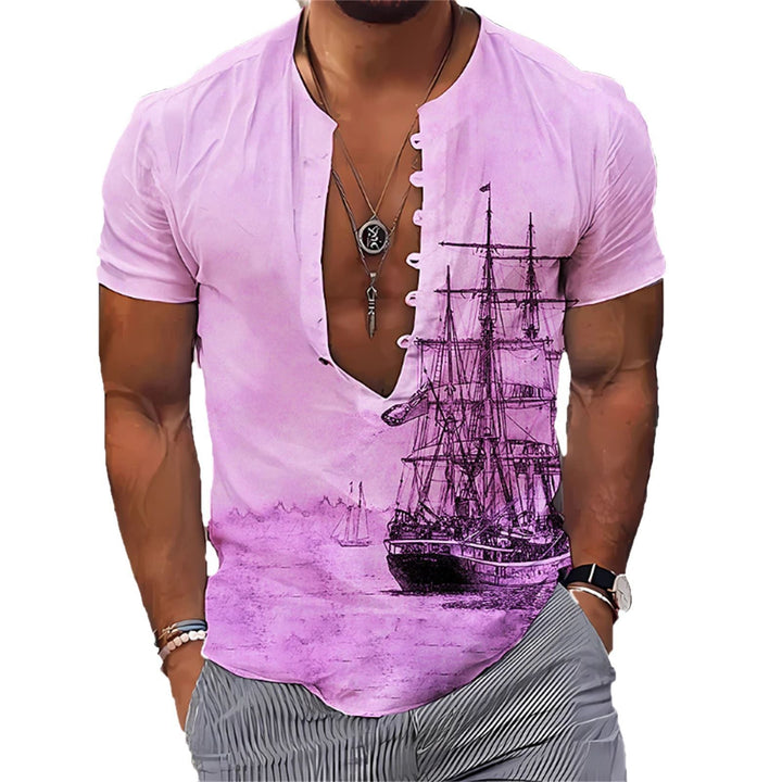 Men's 3D Vintage Print Sailboat Stand Col Button-Down Shirt