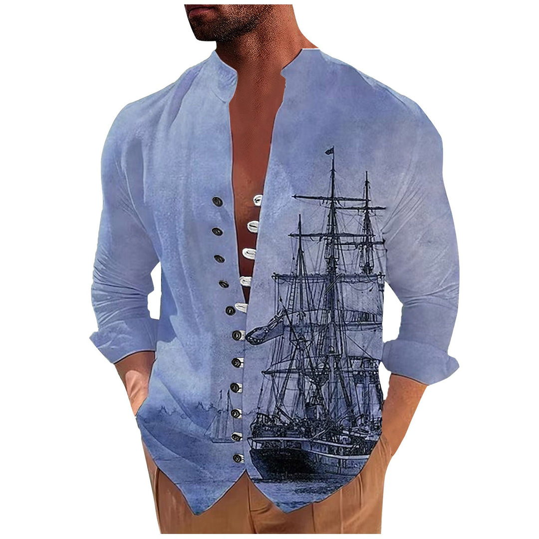 Men's 3D Vintage Print Sailboat Stand Col Button-Down Shirt