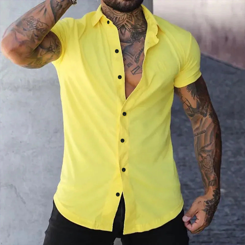 Men's Slim Fit Short Sleeve Solid Color Cardigan Shirt