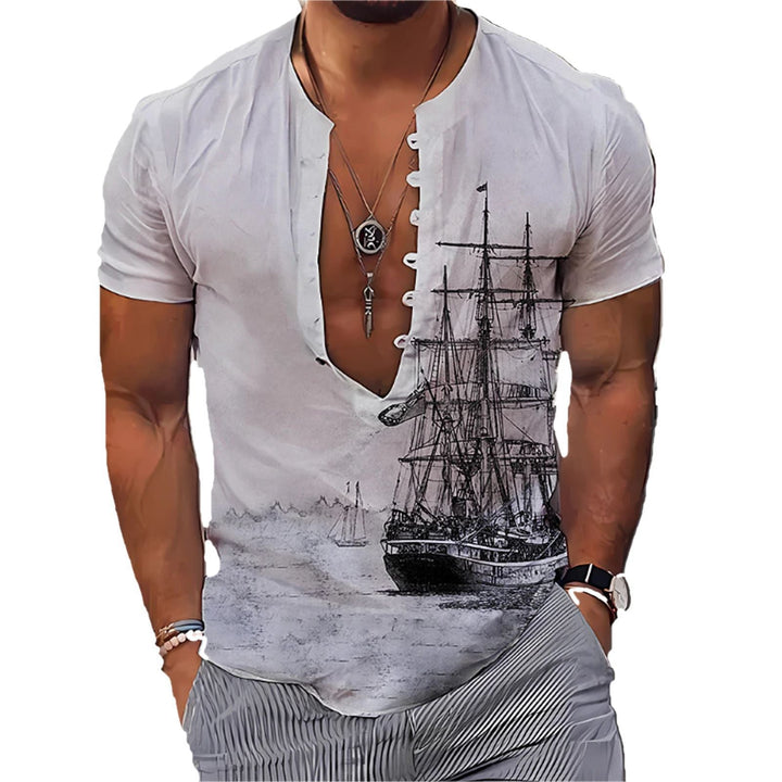 Men's 3D Vintage Print Sailboat Stand Col Button-Down Shirt