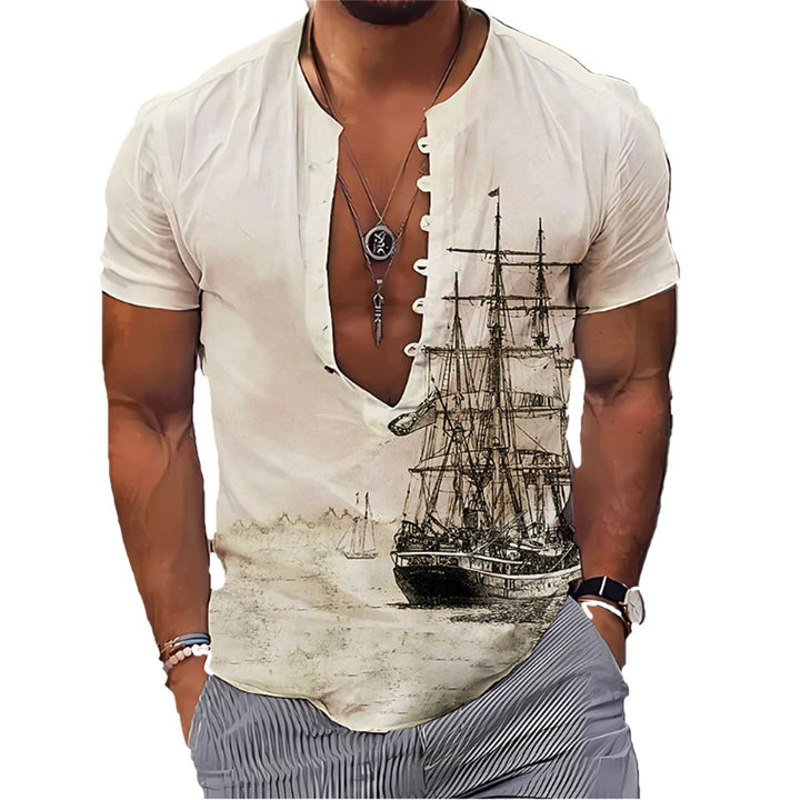 Men's 3D Vintage Print Sailboat Stand Col Button-Down Shirt