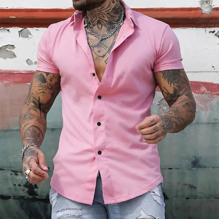 Men's Slim Fit Short Sleeve Solid Color Cardigan Shirt