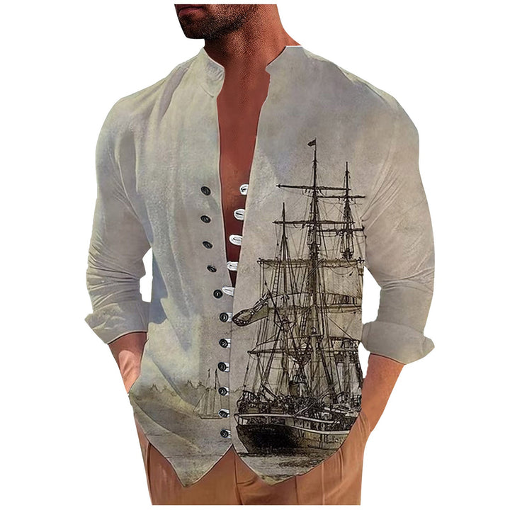 Men's 3D Vintage Print Sailboat Stand Col Button-Down Shirt