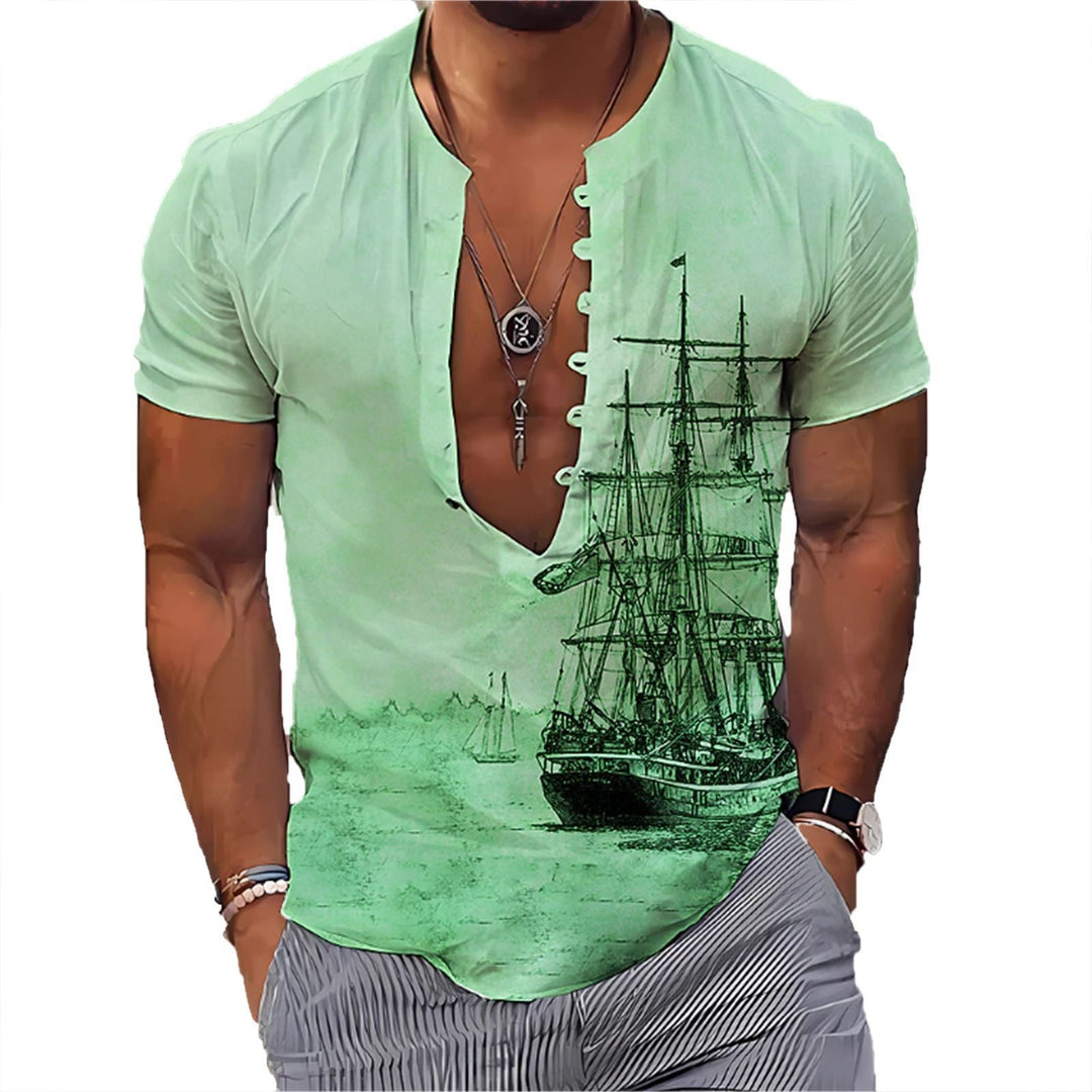 Men's 3D Vintage Print Sailboat Stand Col Button-Down Shirt