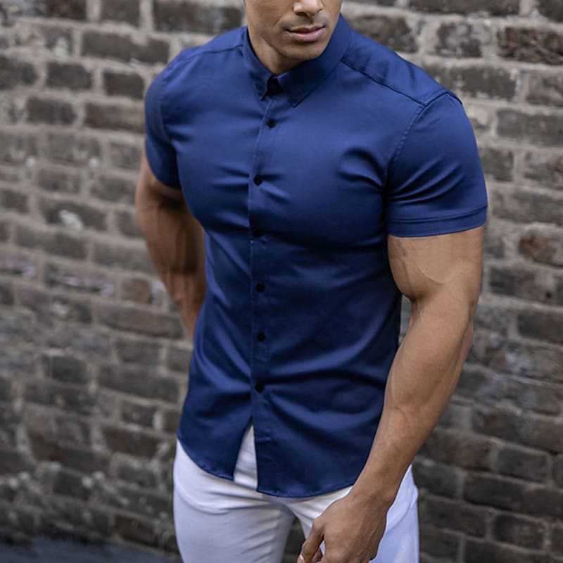 Men's Slim Fit Short Sleeve Solid Color Cardigan Shirt