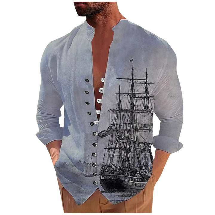 Men's 3D Vintage Print Sailboat Stand Col Button-Down Shirt
