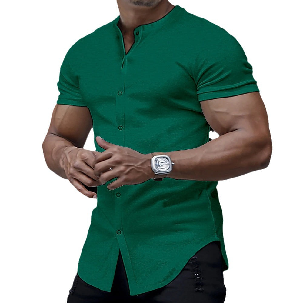 Men's Henley Stand Collar Solid Color Shirt