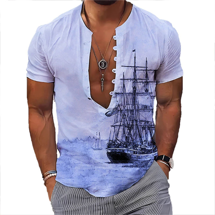 Men's 3D Vintage Print Sailboat Stand Col Button-Down Shirt