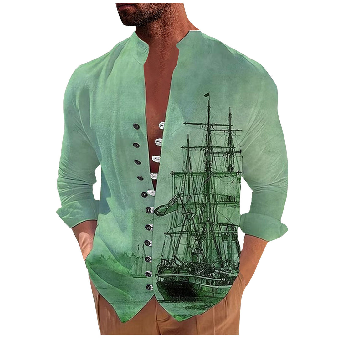 Men's 3D Vintage Print Sailboat Stand Col Button-Down Shirt