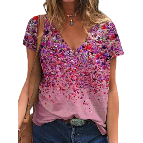 Summer V-neck Printed Short Sleeve T-shirt - Clevecorner