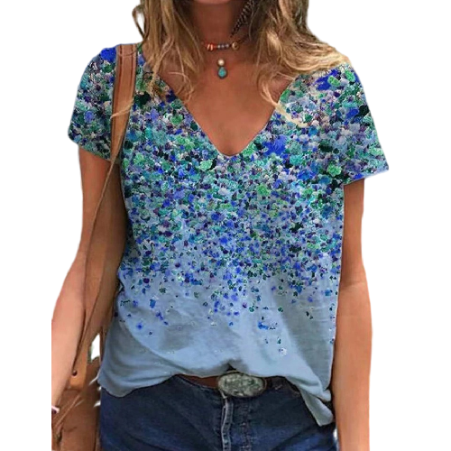 Summer V-neck Printed Short Sleeve T-shirt - Clevecorner