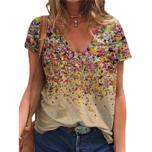 Summer V-neck Printed Short Sleeve T-shirt - Clevecorner