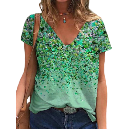 Summer V-neck Printed Short Sleeve T-shirt - Clevecorner