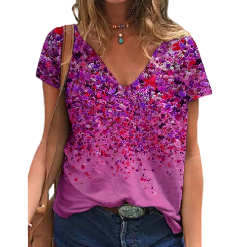 Summer V-neck Printed Short Sleeve T-shirt - Clevecorner