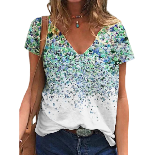 Summer V-neck Printed Short Sleeve T-shirt - Clevecorner