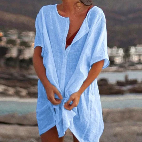 Women's Cotton and Linen Plain Loose Long Shirt - Clevecorner