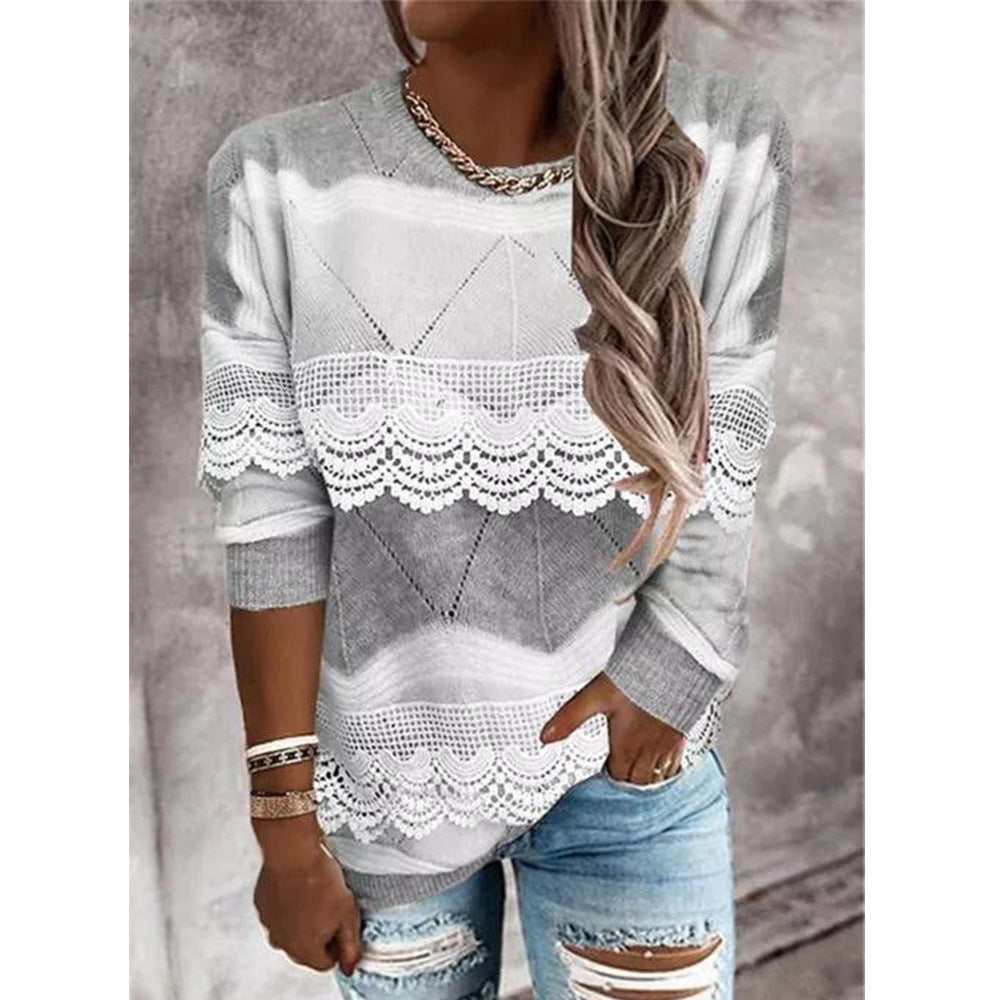 Fashionable Round Neckline Pullover Color Block Casual Top