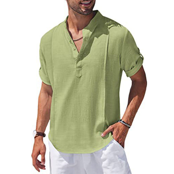 Henley Linen Men Casual Short Sleeve T-Shirt