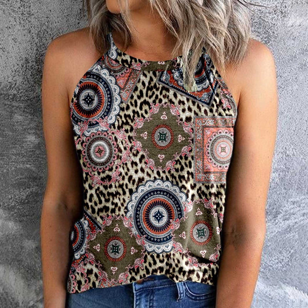 Women's Bohemian Print Vest Stitching Retro Pullover Slim Top - Clevecorner
