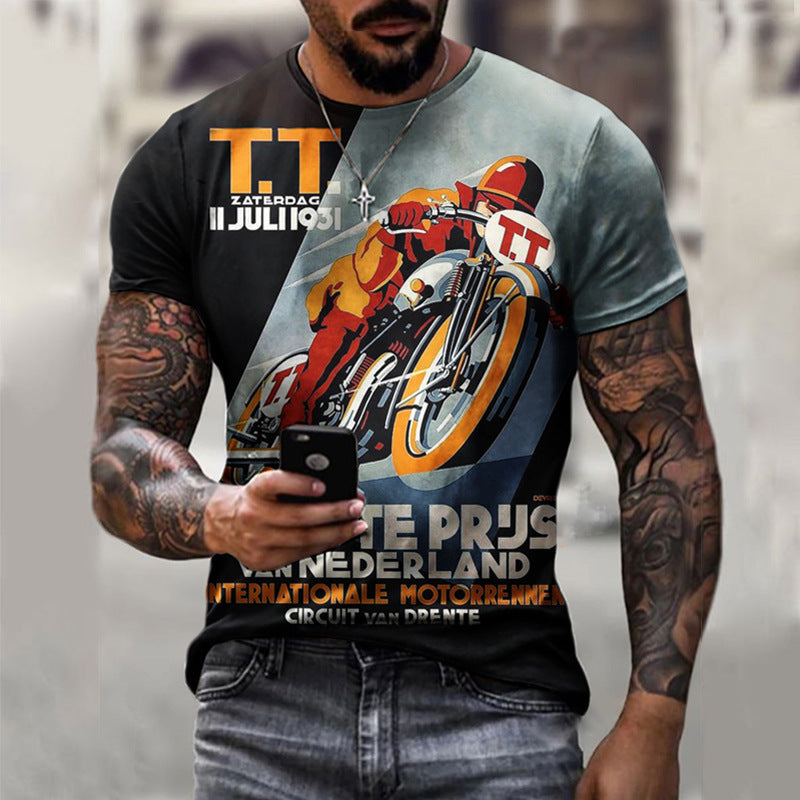 Summer Short Sleeve T-Shirt Casual 3D Motorcycle Printing Loose Pullover