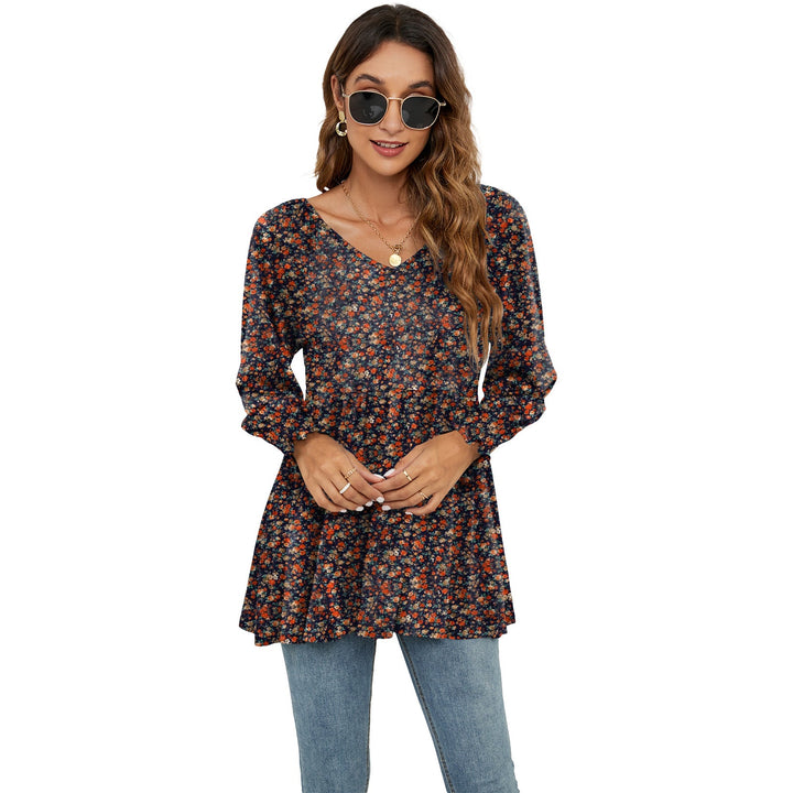 Long Puff Sleeve Tops Women Flowers Print Casual V-Neck Blouse T-Shirts