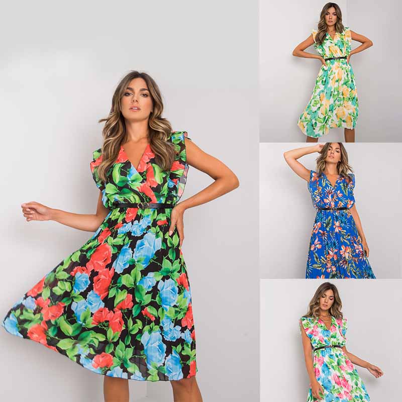 V-Neck Ruffle Sleeveless Flower Dress - Clevecorner