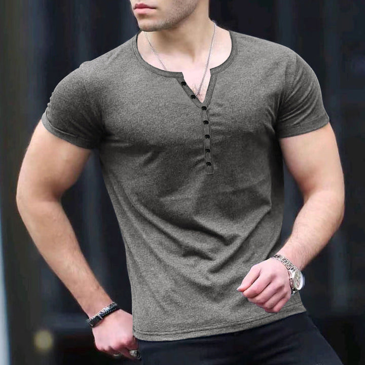 Refined Henley Elegance: Men's Short Sleeve Button-Up Solid Color T-Shirt