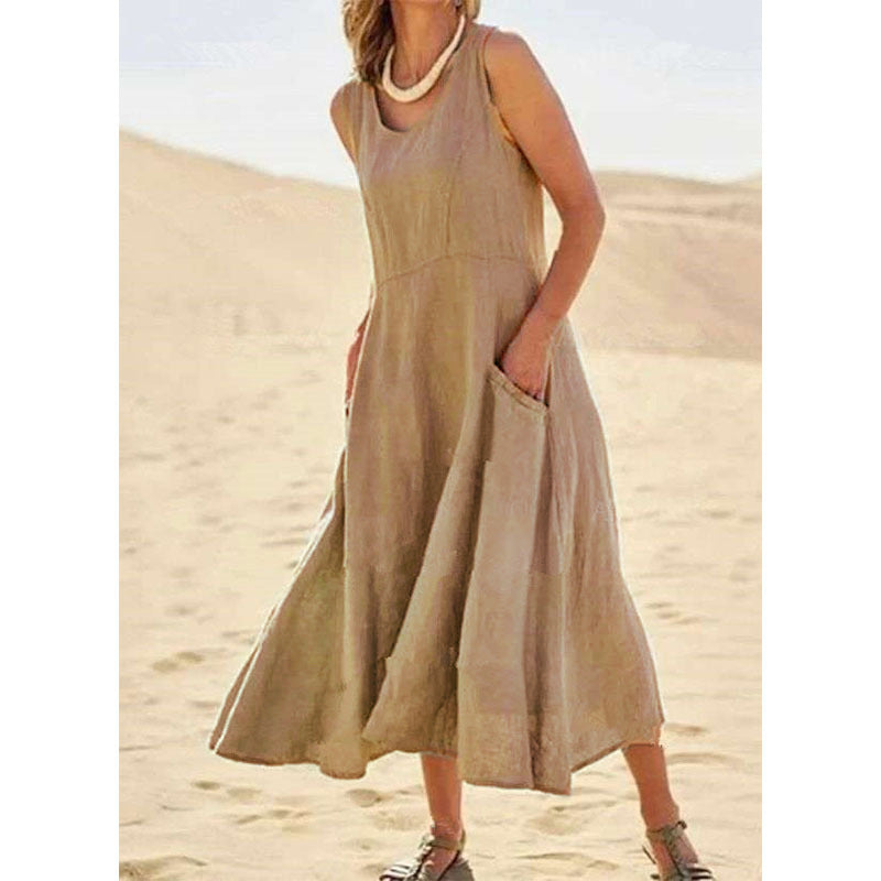 Sleeveless Cotton And Linen Solid Color Beach Dress With Big Swing Skirt