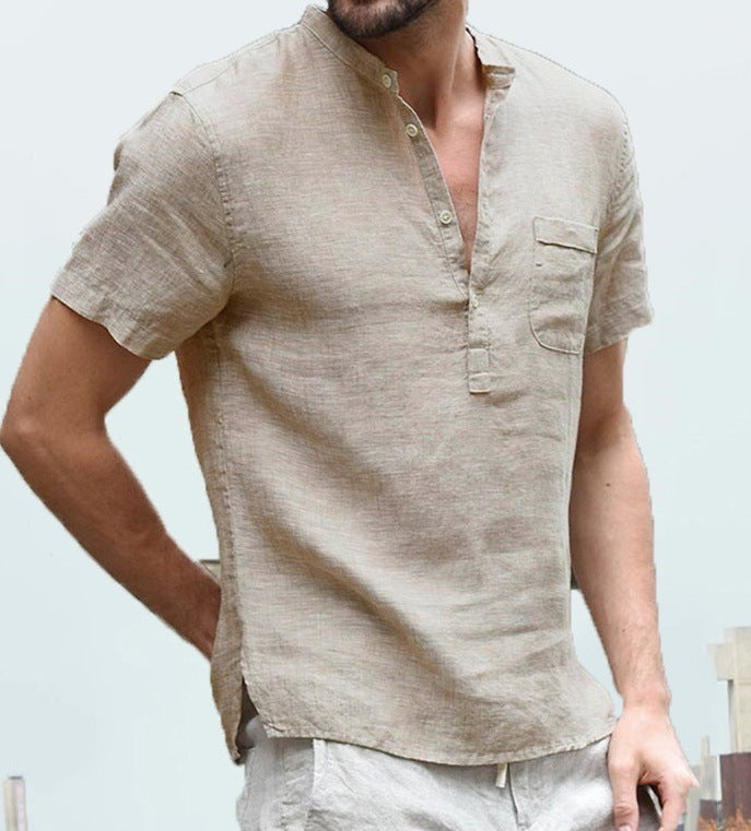 Casual Linen Solid Color Button V-Neck Beach Shirt
