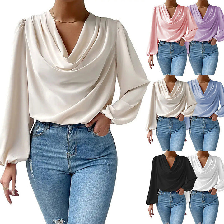 Chiffon Long-sleeved Shirt Loose V-neck Top T-shirt