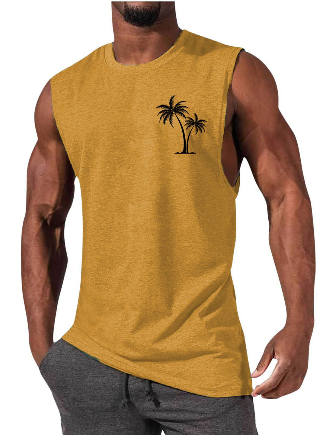 Coconut Tree Embroidery Vest Summer Beach & Workout Tank Top for Men
