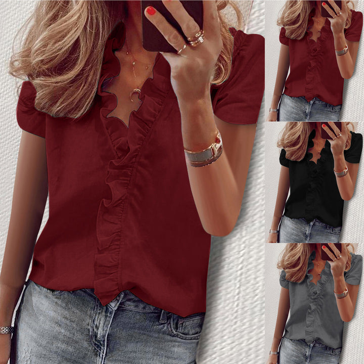 Solid Color V-Neck Short Sleeve Ruffle Shirt Top T-Shirt Women