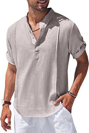 Henley Linen Men Casual Short Sleeve T-Shirt