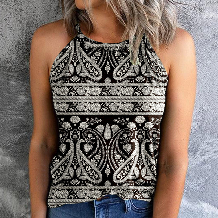 Women's Bohemian Print Vest Stitching Retro Pullover Slim Top - Clevecorner
