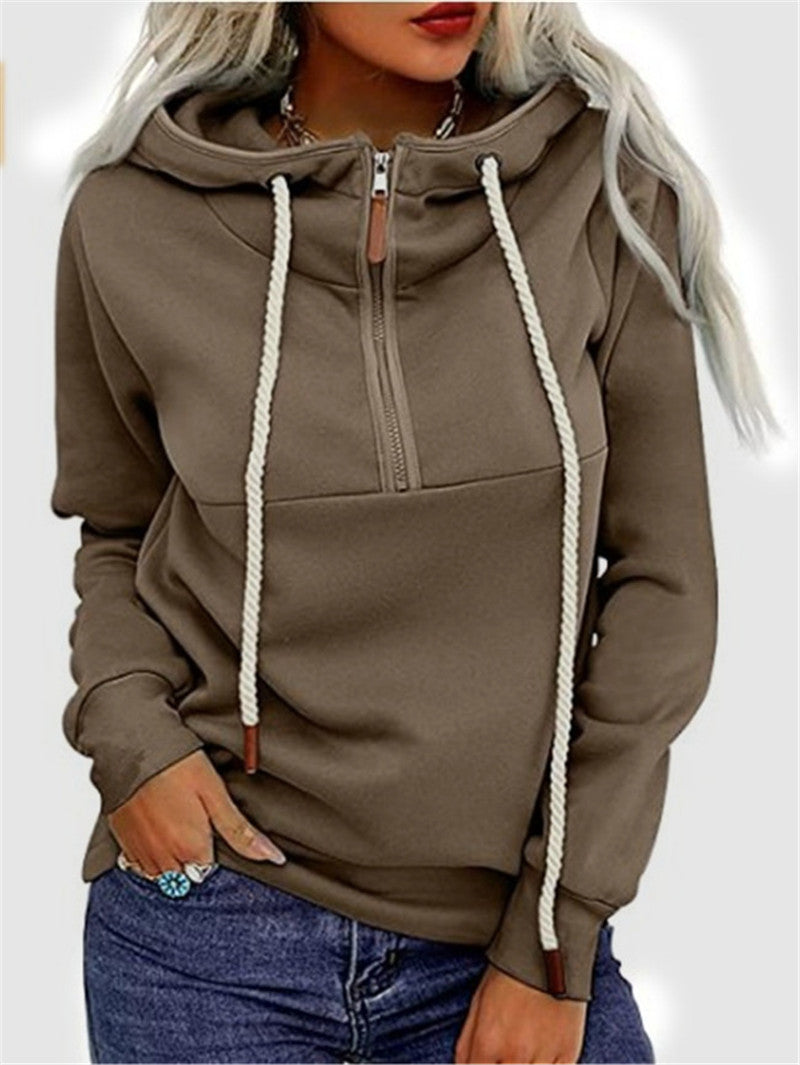 Women's Front Zipper And Fleece Hooded Sweatshirt