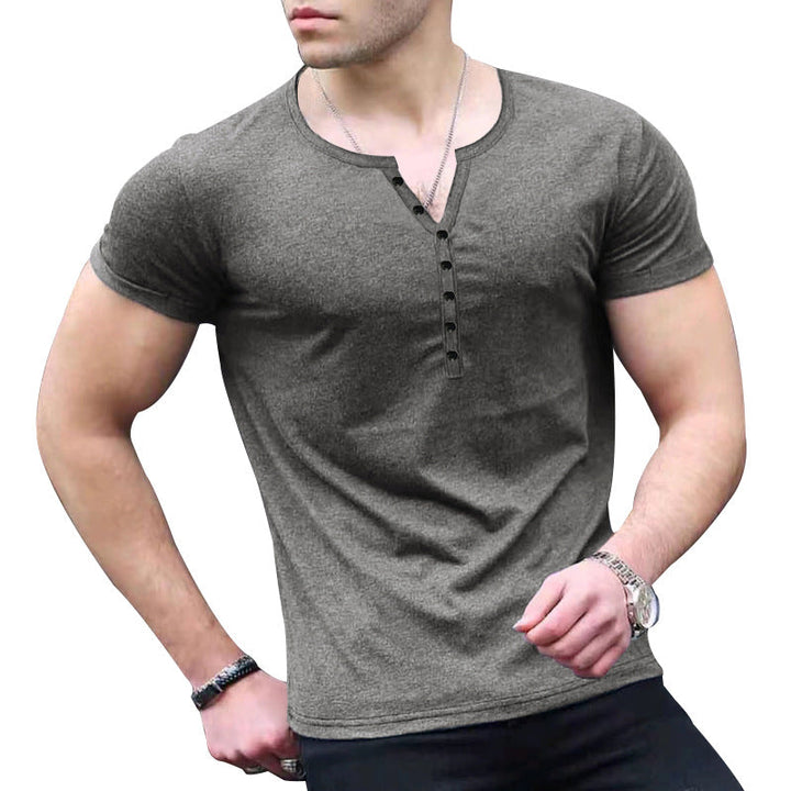Refined Henley Elegance: Men's Short Sleeve Button-Up Solid Color T-Shirt