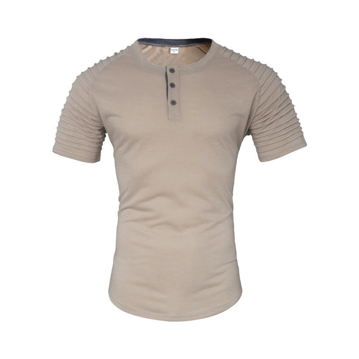 Button Neck Short Sleeved Men's Casual Pleats
