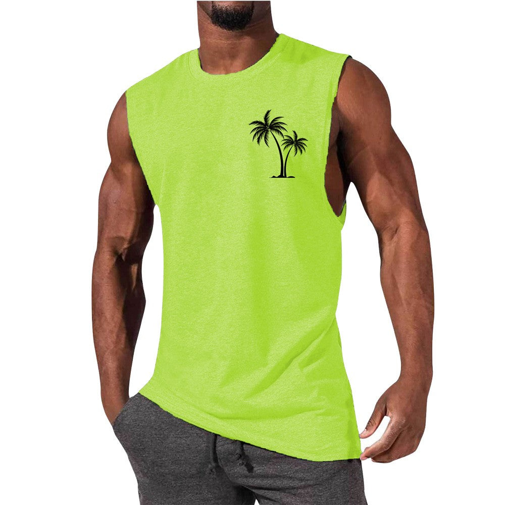 Coconut Tree Embroidery Vest Summer Beach & Workout Tank Top for Men