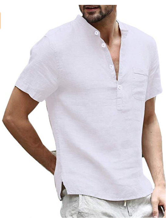 Casual Linen Solid Color Button V-Neck Beach Shirt
