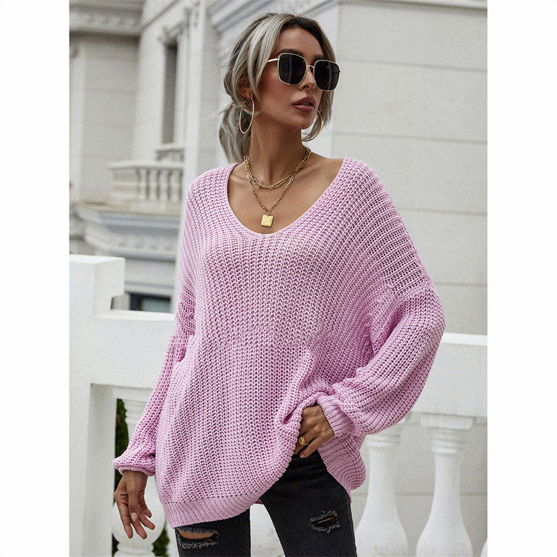 Women's V-Neck Solid Color Pullover Sweater