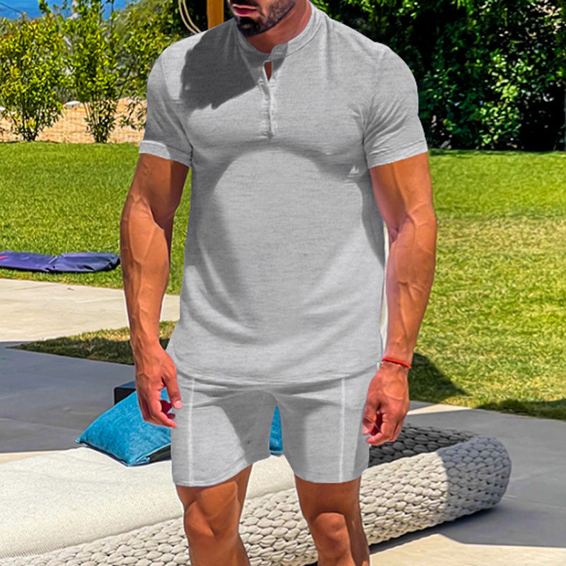 Men's Casual Athletic Solid Color Henley Two-Piece Suit