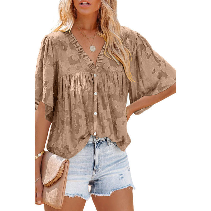 V-neck Cardigan Five-point Mid-sleeve Chiffon Shirt Print Top - Clevecorner