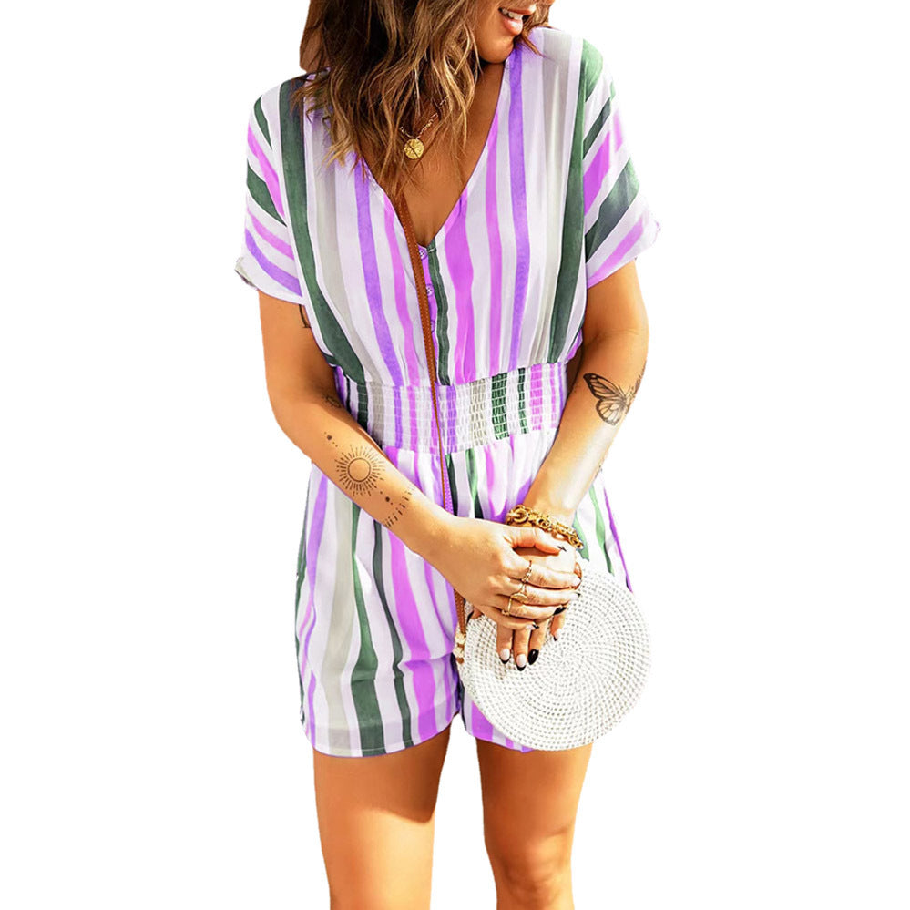 Summer Fashion Women's Elastic Waist Striped Bodysuit - Clevecorner