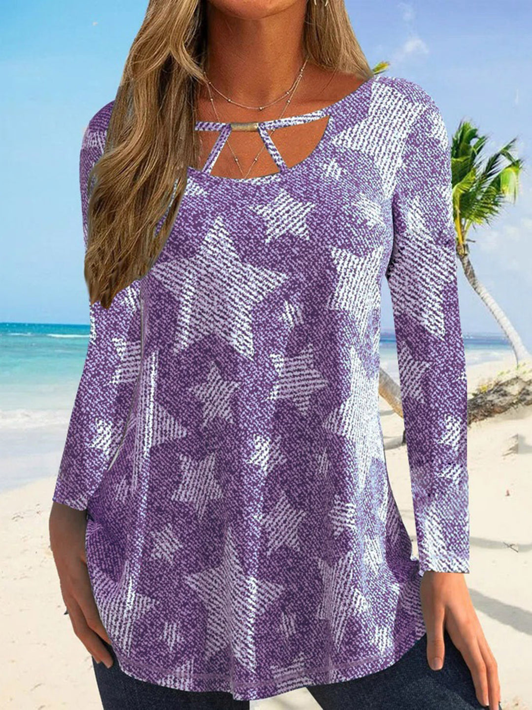 Women's Patchwork Loose Print Round Neck Pullover T-shirt - Clevecorner