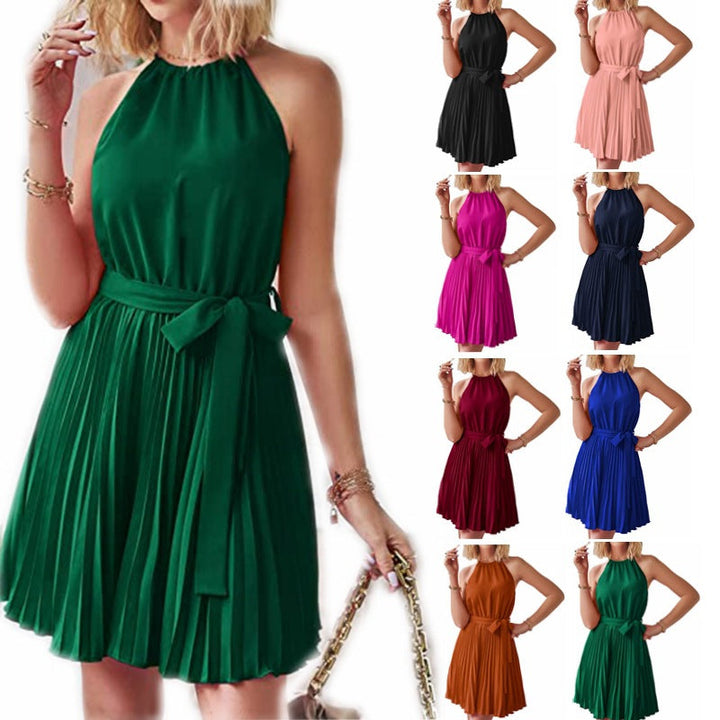 Women's Solid Pleated Skirt Summer Beach Dress