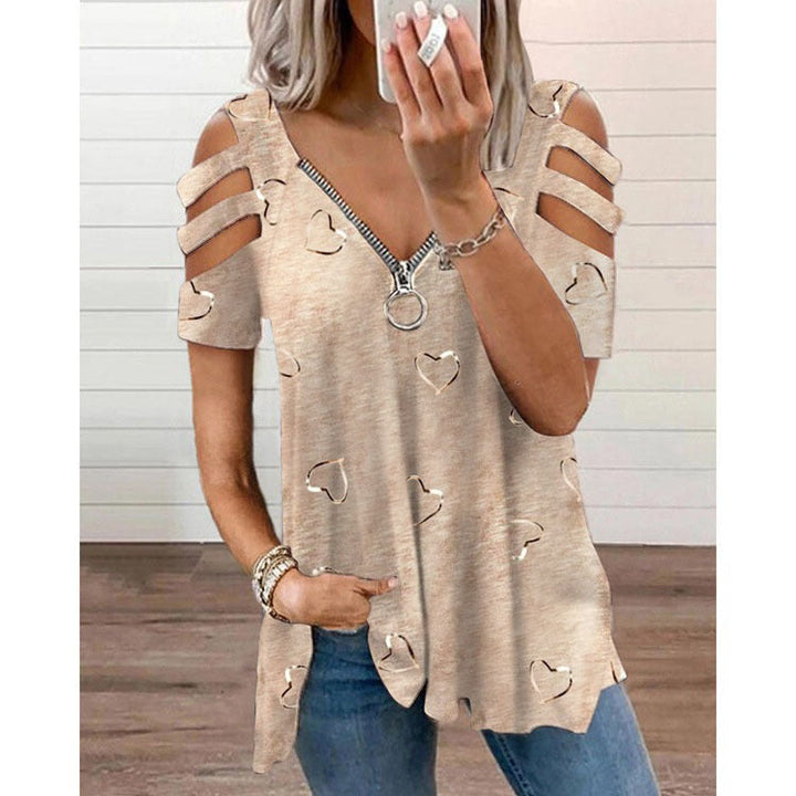 V-neck Zipper Print Short Sleeve Loose Casual T-shirt - Clevecorner