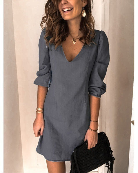 V-neck Short-sleeved Cotton And Linen Dress - Clevecorner