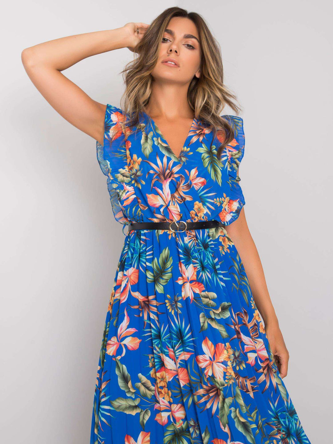 V-Neck Ruffle Sleeveless Flower Dress - Clevecorner