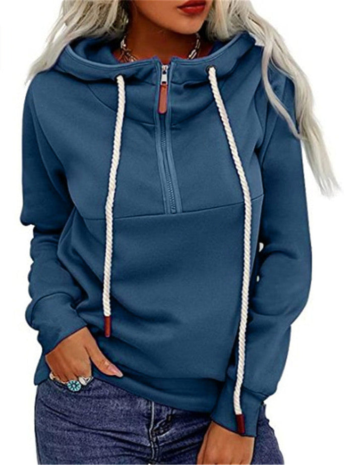 Women's Front Zipper And Fleece Hooded Sweatshirt