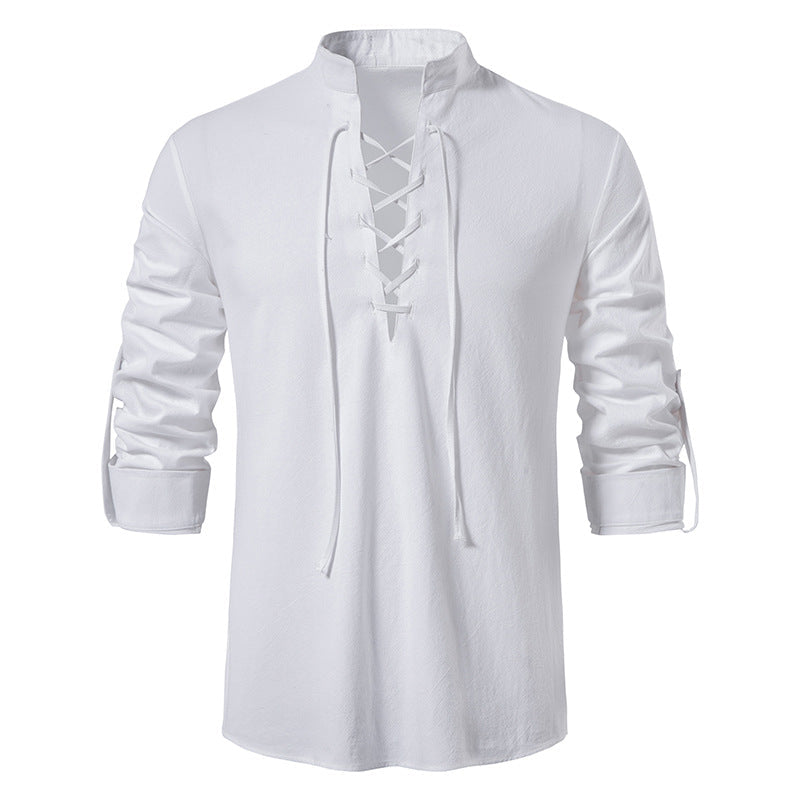 Cotton Linen Henley Long Sleeve Collar Shirt